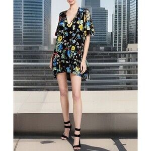 Alice + Olivia Pauline Black Floral Ruffle Tunic Silk Blend Mini Dress Sz Large
